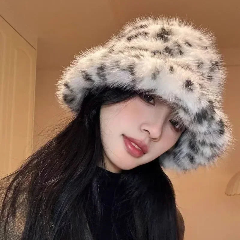 Women's Puffy Faux Fur Bucket Hat | Leopard Print Winter Hat Faux Fur Bucket Hat PLUSH