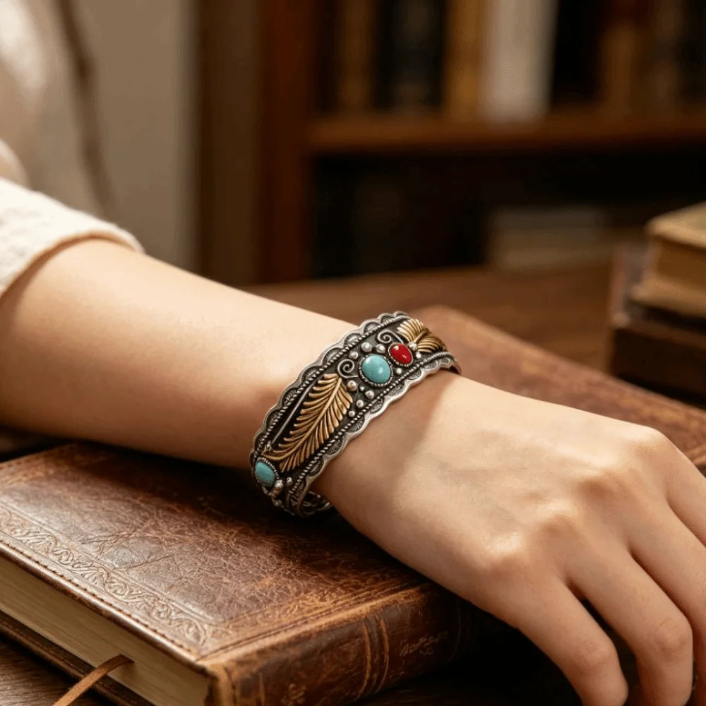 Vintage Turquoise Feather Cuff Bangle – Adjustable Women's Bracelet Cuff Bangle Bracelet PLUSH