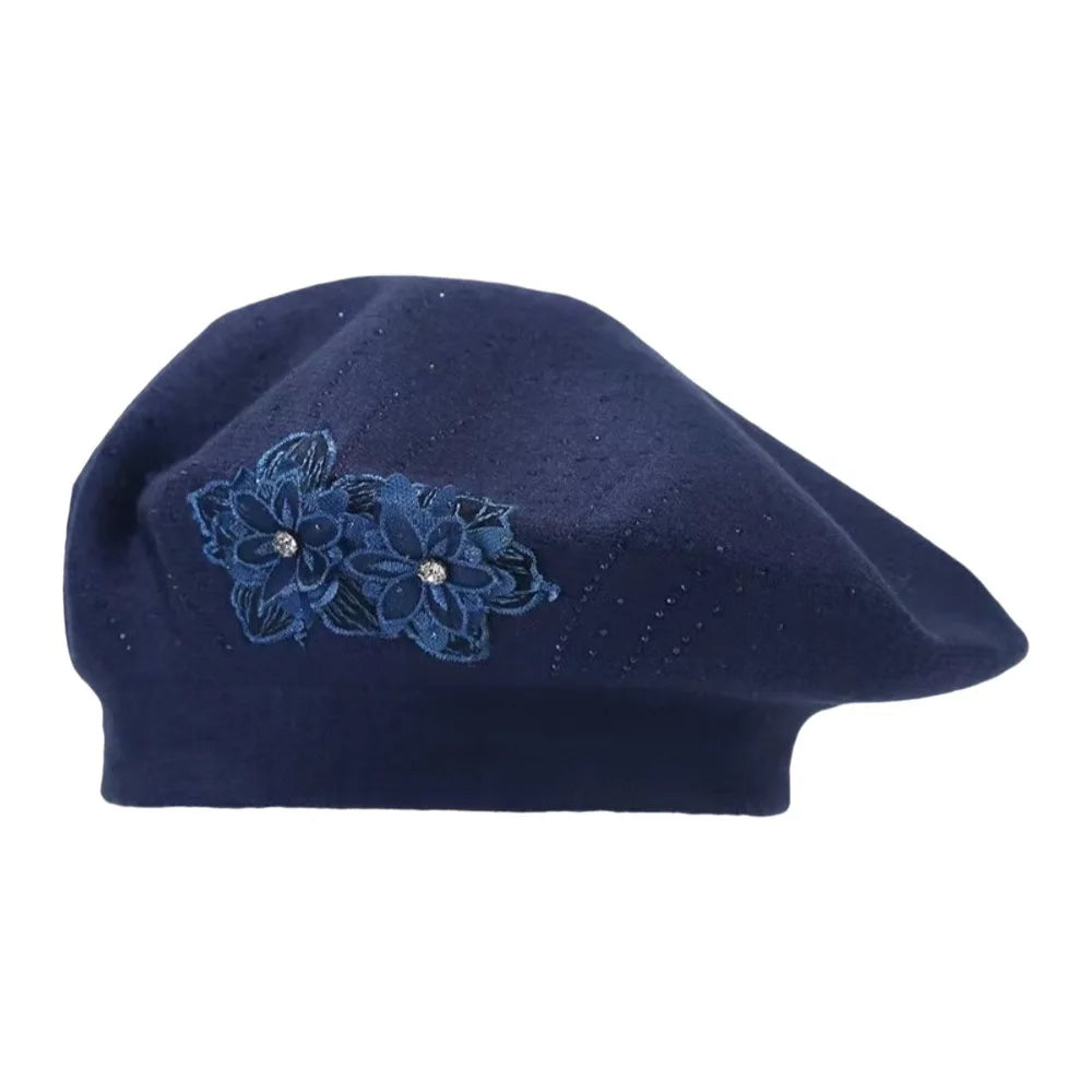 Women's French Beret Hat – Rhinestone Flower Cotton Cap Women's Beret Hat PLUSH Navy Blue