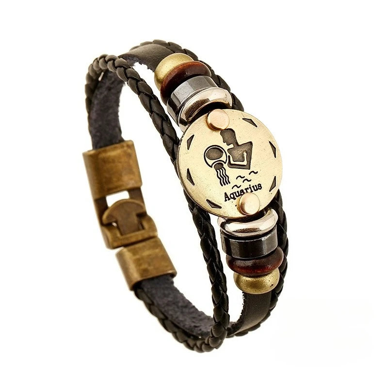 Retro Zodiac Constellation Leather Charm Bracelet – 12 Signs Leather Charm Bracelet PLUSH Aquarius