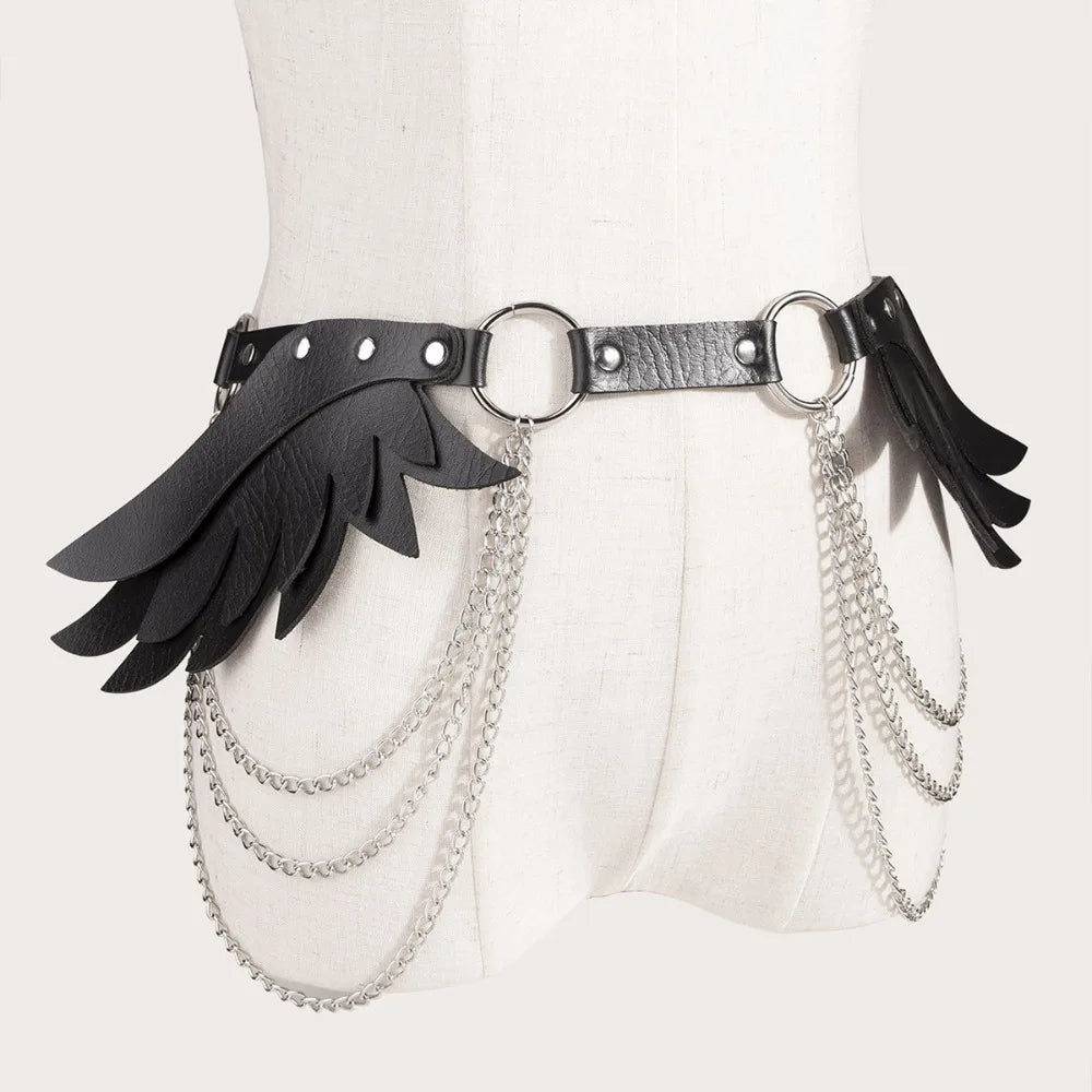 Y2K Punk PU Leather Wing Rivet Belt – Metal Studs & Chain Punk Fashion Belt PLUSH Black