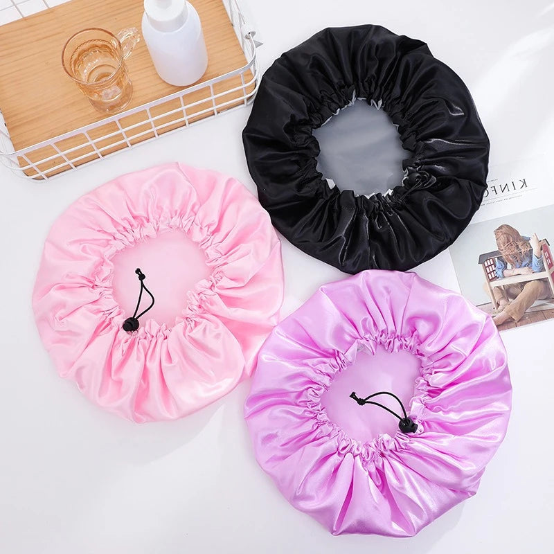 Double-Layer Oversized Drawstring Shower Cap – Satin & PEVA Shower Cap PLUSH