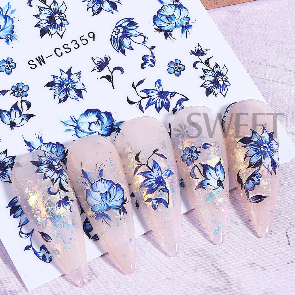 3pcs Blue White Porcelain Nail Stickers – Chinese Floral Decals Nail Art Stickers PLUSH