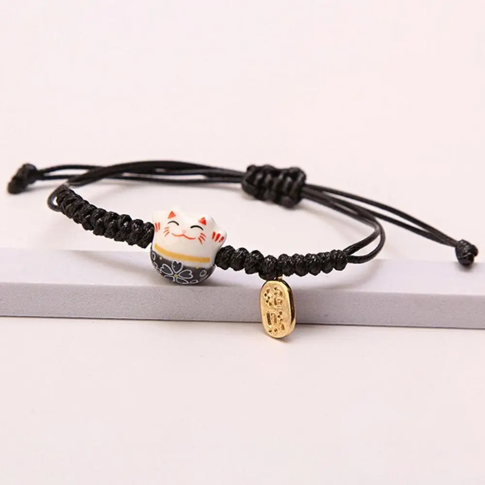 Ceramic Maneki Neko Charm Bracelet – Red Braided Rope Charm Bracelet PLUSH Black