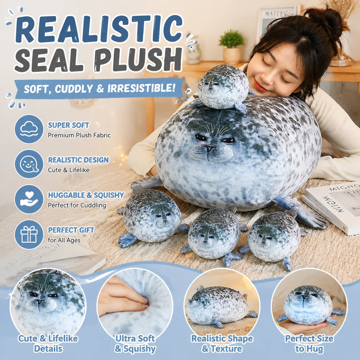 Realistic Fluffy Seal Plush Stuffed Animal Toy Pillow – Kawaii Gift Stuffed Animal Plush PLUSH