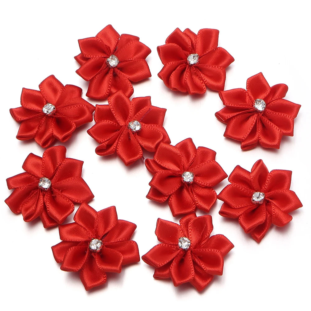 10pcs 3cm Satin Ribbon Flowers Rhinestone 9-Petal DIY Craft Fabric Flower Appliqué PLUSH Red
