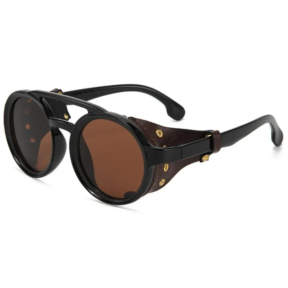 Retro Round Steampunk Sunglasses | Leather Side Shields Steampunk Sunglasses PLUSH