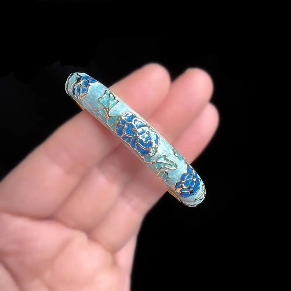Chinese Cloisonné Enamel Peony Double Bangle Bracelet for Women Enamel Bangle Bracelet PLUSH blue