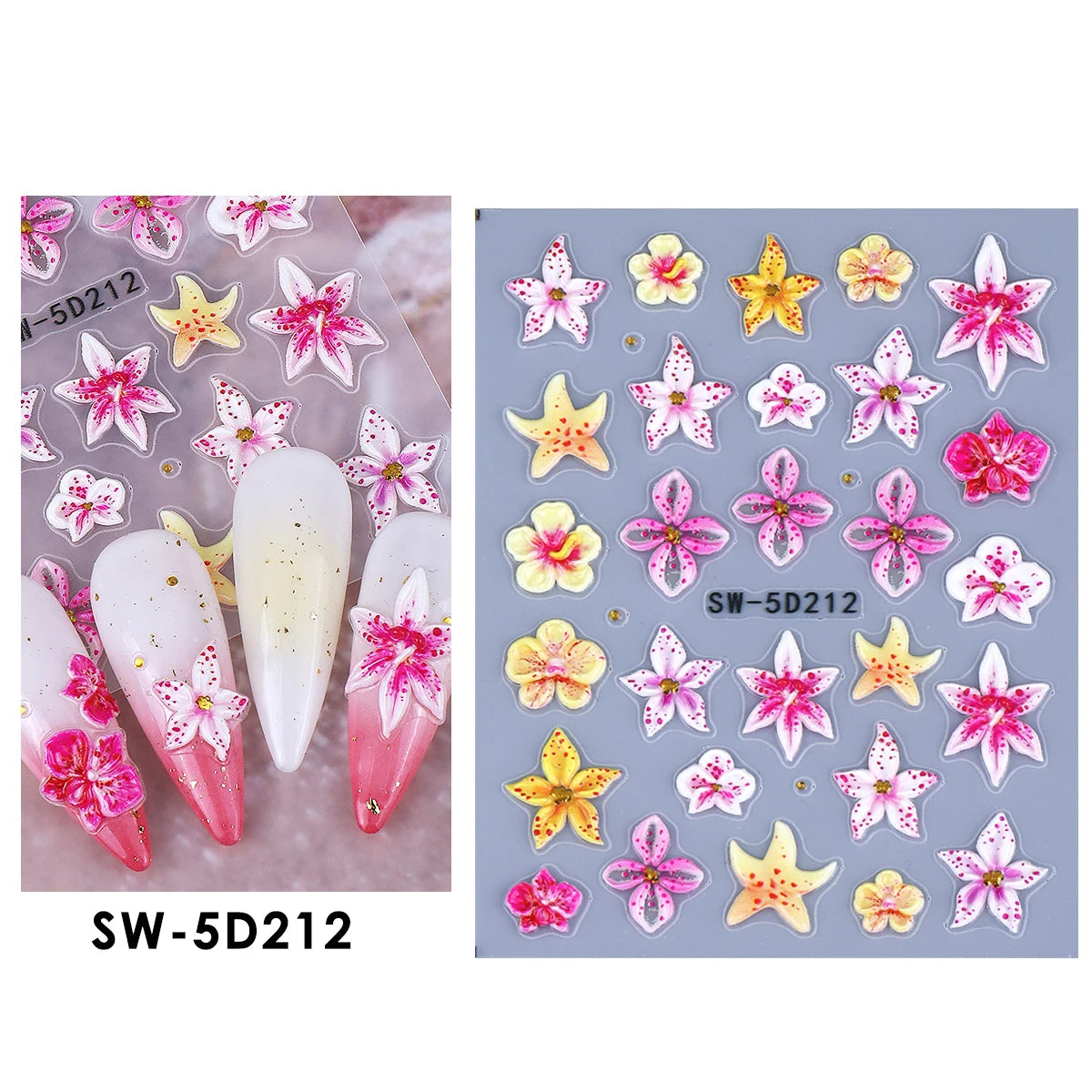 5D Embossed Nail Stickers – Tropical Flowers & Starfish Decals Nail Art Stickers PLUSH SW-5D212