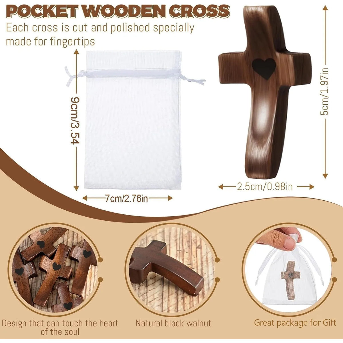 Handmade Wooden Pocket Cross 3pcs Set with Organza Bags | Gift Religious Wood Craft PLUSH