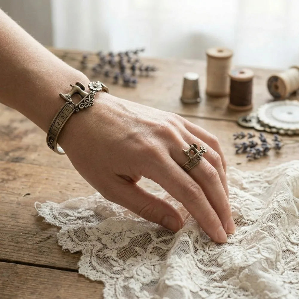 Sewing Machine Cuff Bracelet & Ring – Vintage Bronze Alloy Fashion Cuff Bracelet PLUSH