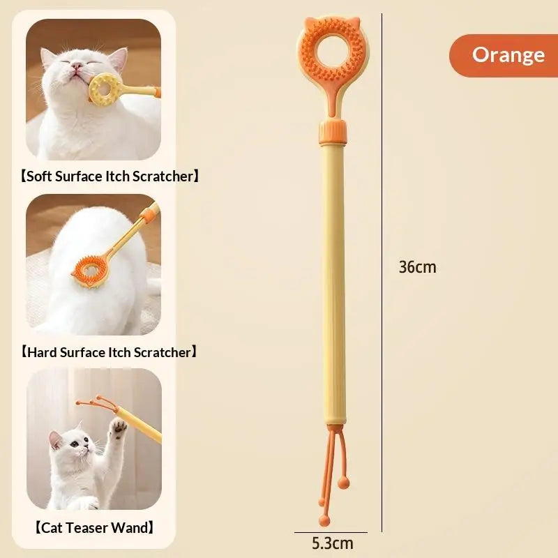 2-in-1 Retractable Cat Teaser Wand & Grooming Massager Toy Interactive Cat Toy PLUSH A1