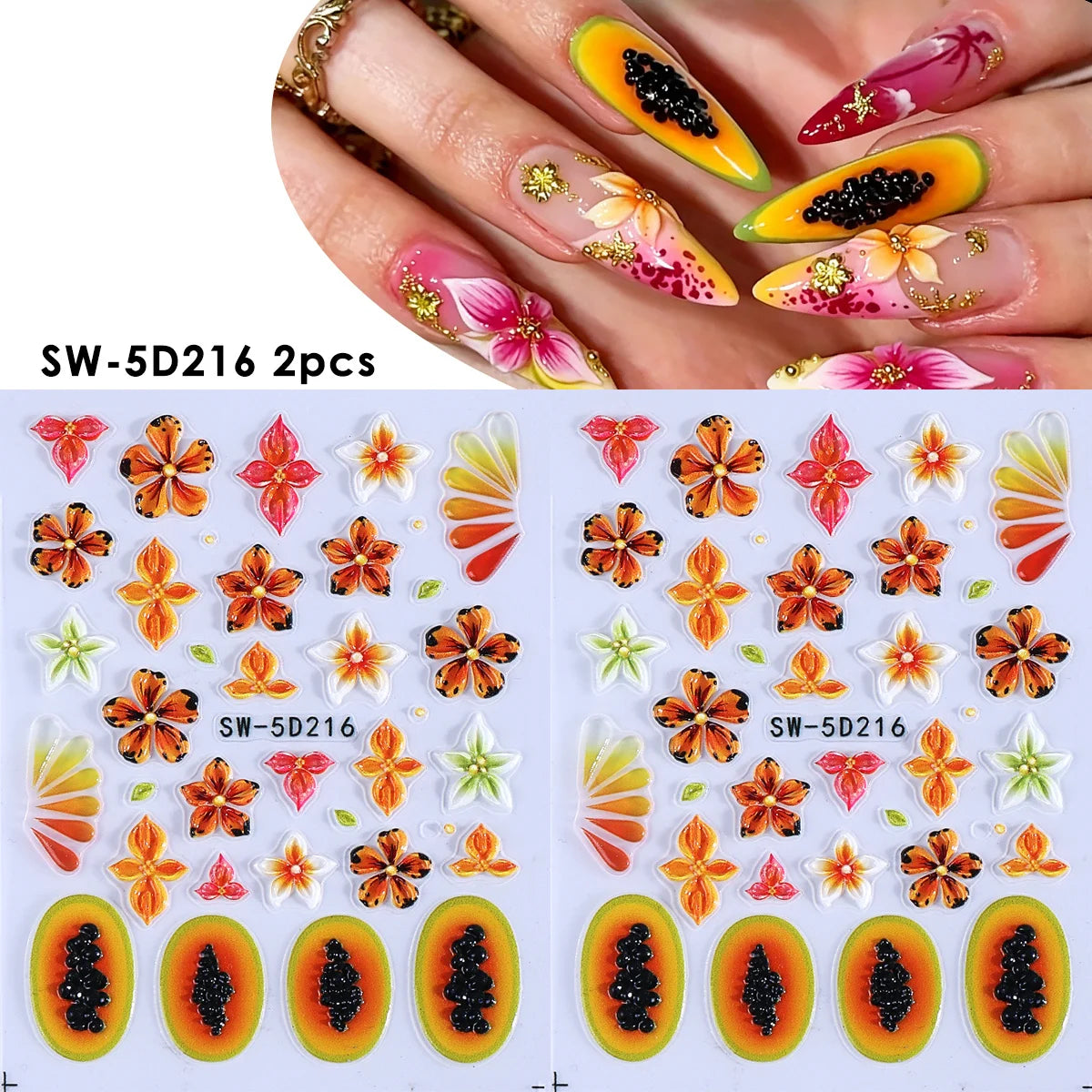 5D Pawpaw Frangipani Nail Embossed Stickers – Summer Decals Nail Art Stickers PLUSH SW-5D216 2pcs