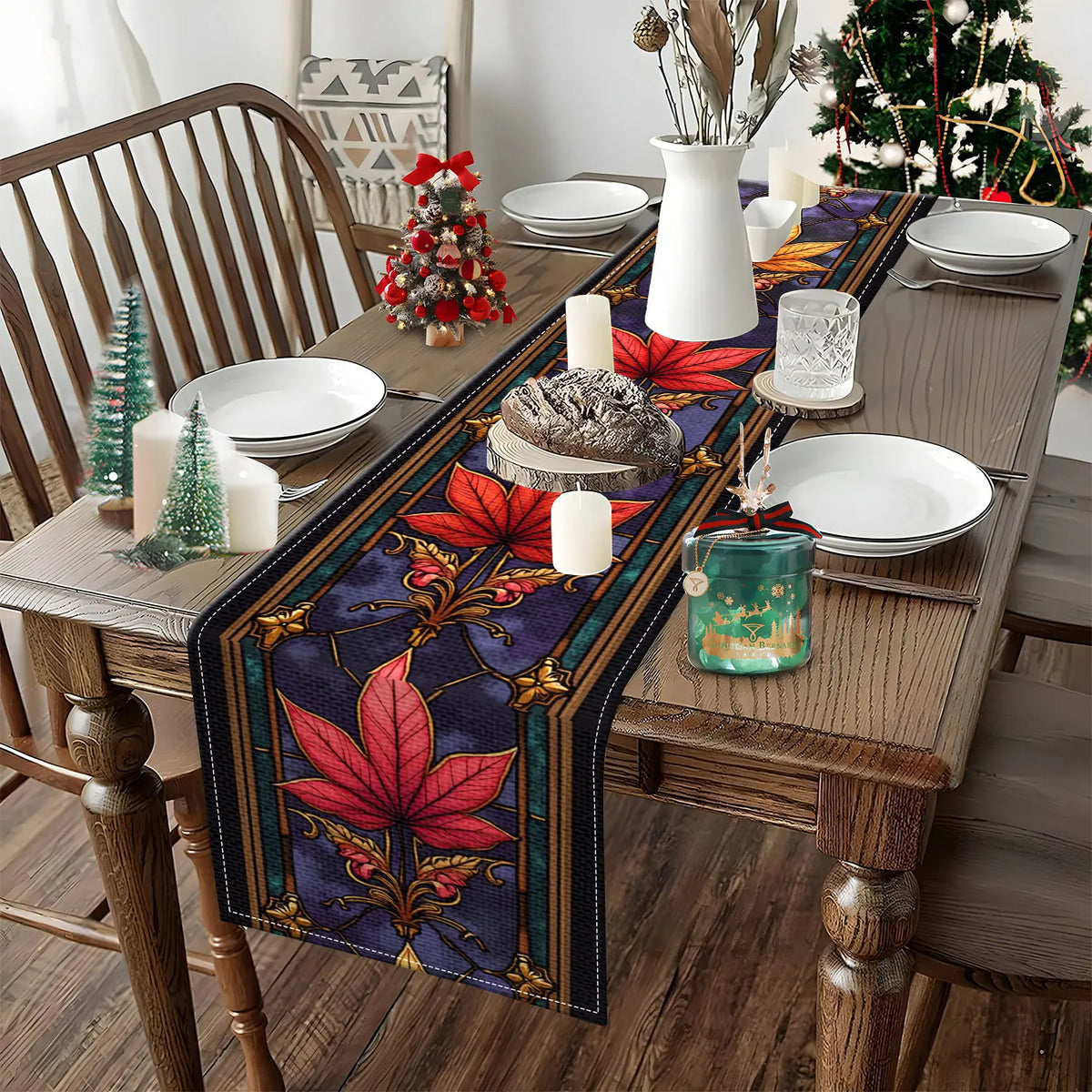 Vintage Maple Leaf Table Runner | Retro Colorful Décor Table Runner PLUSH