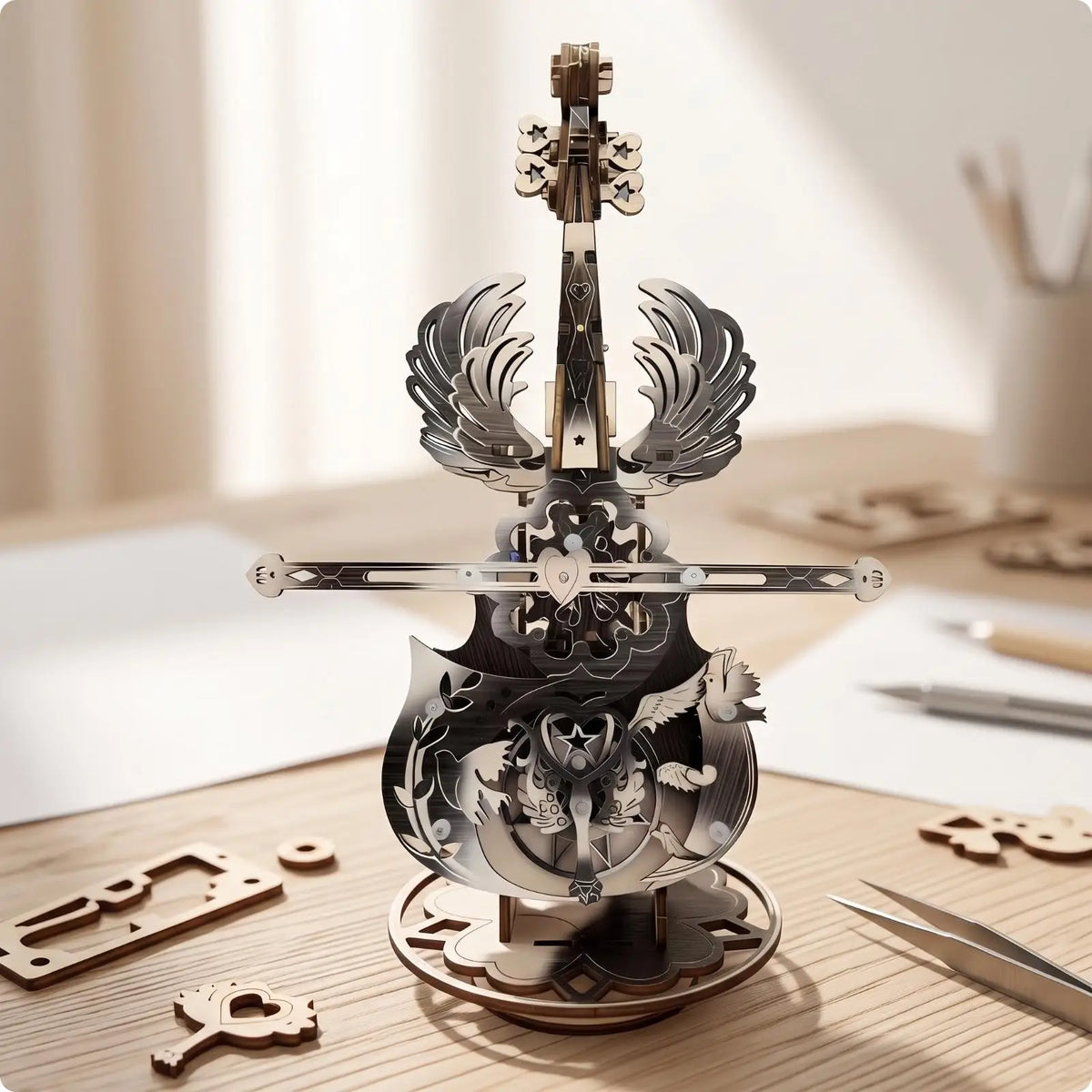 Violin Shaped Wood Music Box Ornament | Wing Pattern Decor Wood Music Box PLUSH