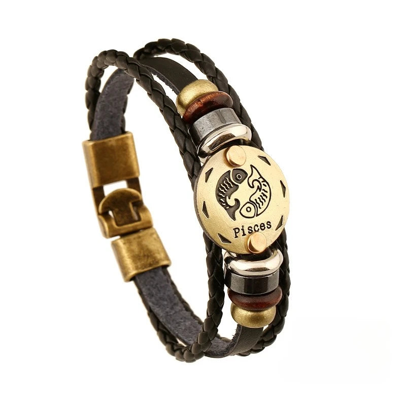 Retro Zodiac Constellation Leather Charm Bracelet – 12 Signs Leather Charm Bracelet PLUSH Pisces