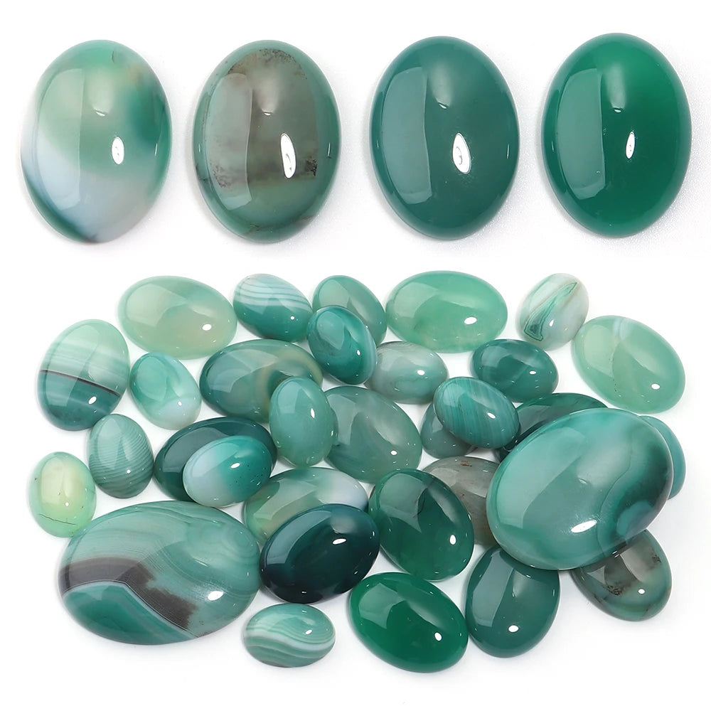Striped Green Agate Oval Cabochon Flat Back Gemstone Beads DIY Gemstone Cabochon Beads PLUSH