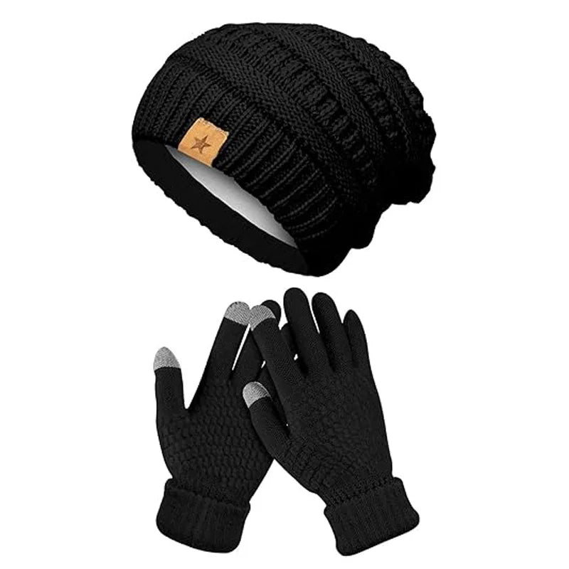 Women's Fleece Lined Knit Beanie Hat & Mittens Set Winter Accessory Set PLUSH Black Set
