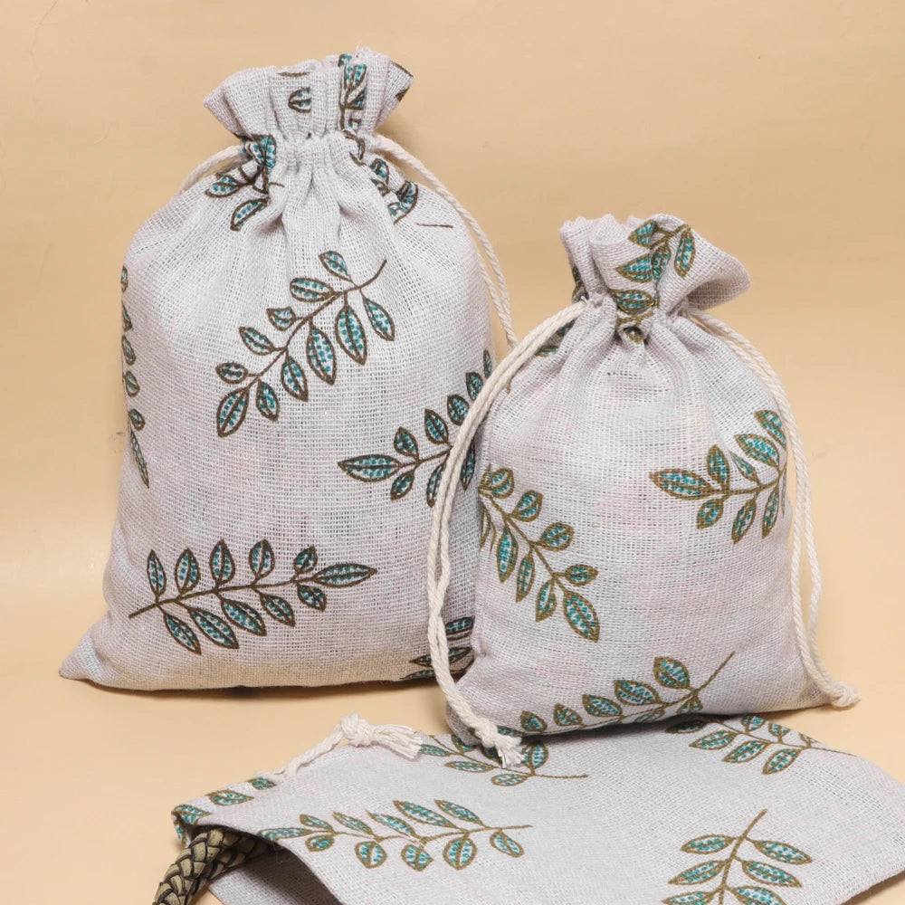 5pcs Green Leaf Cotton Linen Drawstring Pouches | Jewelry & Gift Bags Drawstring Gift Pouches PLUSH