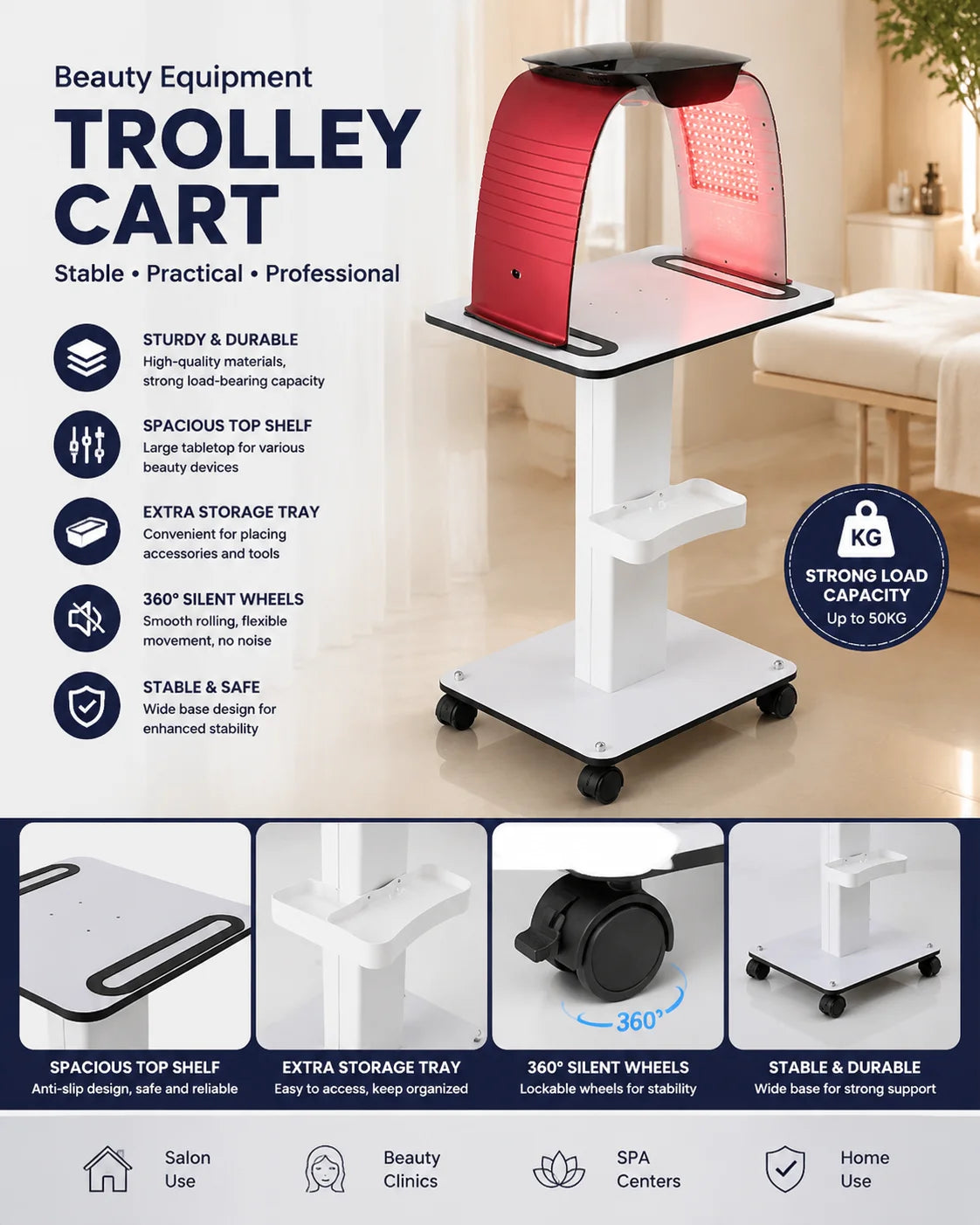 Rolling Salon Trolley Cart with Wheels | Adjustable Spa Stand Salon Trolley Cart PLUSH Default Title