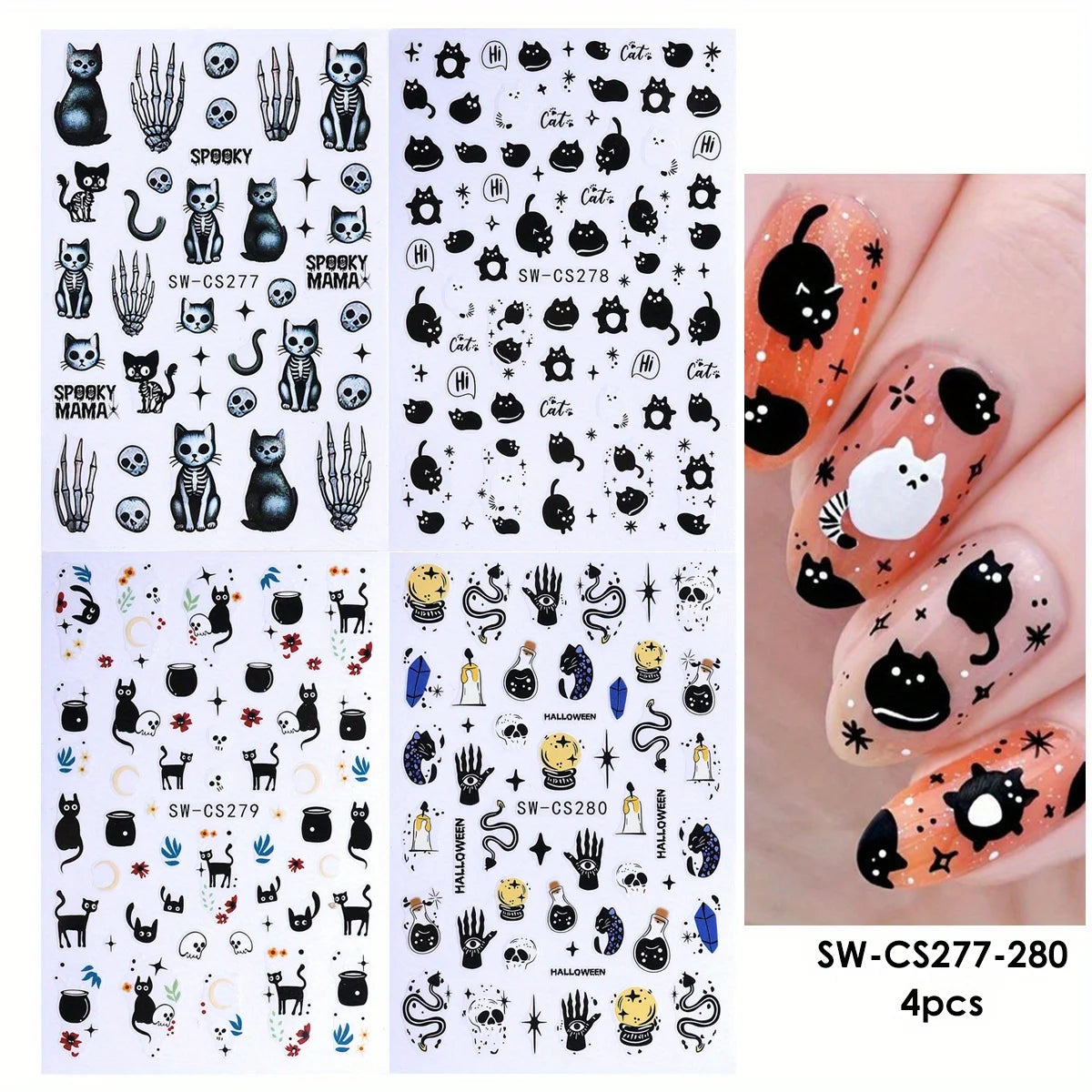Halloween Nail Art Decals – Black Cat & Skull Stickers 4pcs Nail Art Decals PLUSH SW-CS277-280-4pcs
