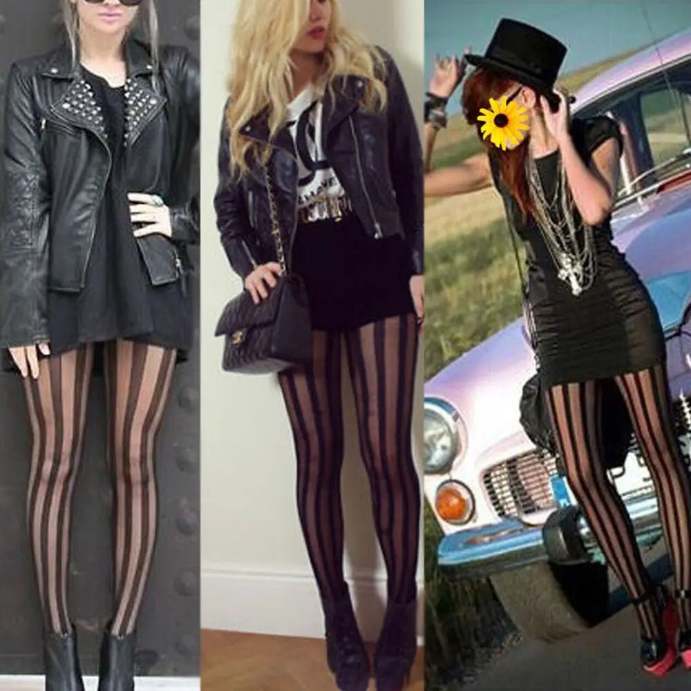 Gothic Punk Vertical Stripe Black Tights Pantyhose – Women Gothic Stripe Tights PLUSH