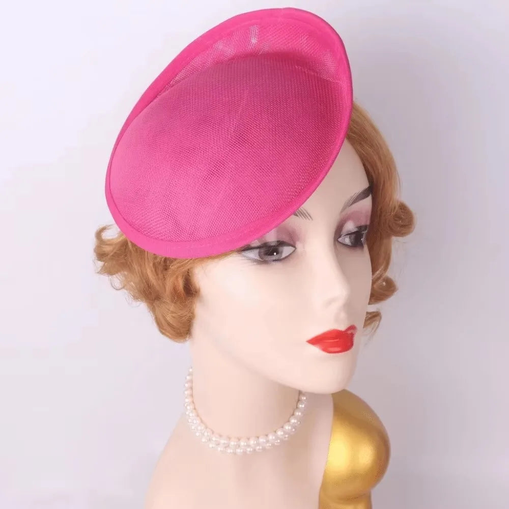 Wide Brim Linen Fascinator Hat Base – Vintage Mesh Headpiece Fascinator Hat Base PLUSH Rose Red