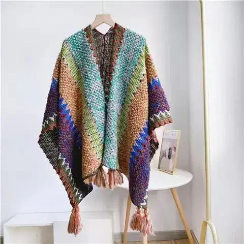 Women's Colorful Knit Poncho Cape Tassel Ethnic Shawl Cardigan Knit Poncho Cape PLUSH turquoise One Size