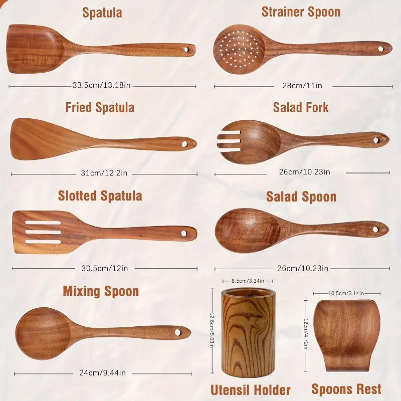 9-Piece Wooden Cooking Utensils Set – Non-Stick Safe Kitchen Wooden Utensil Set PLUSH