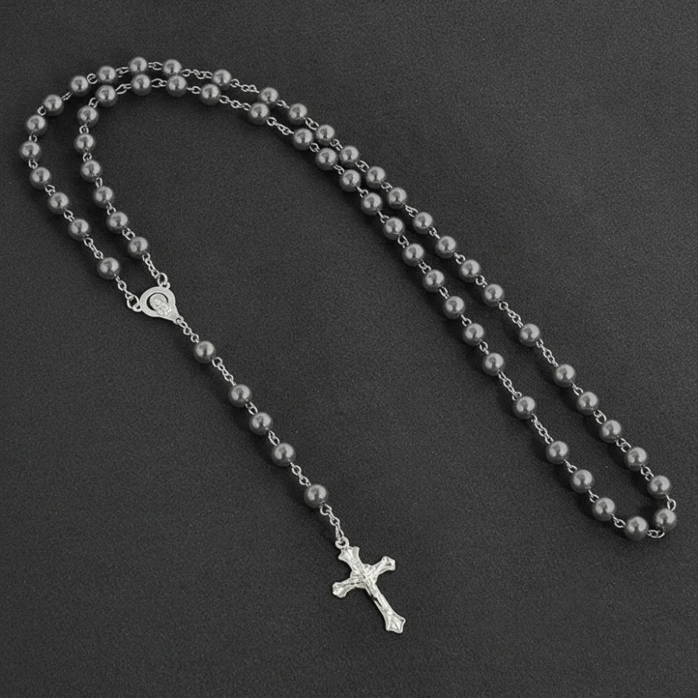 Vintage Cross Pendant Necklace | Faux Pearl Glass Bead Rosary Pendant Necklace PLUSH Grey