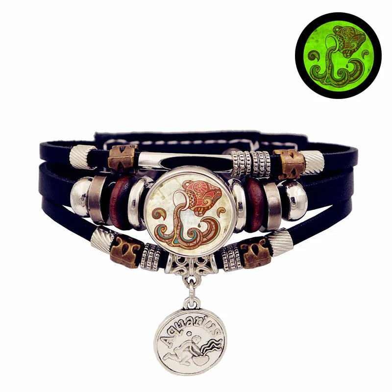 Glow Zodiac Constellation Leather Charm Bracelet – Unisex Charm Bracelet PLUSH 8-Aquarius