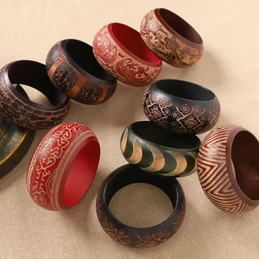 Retro Carved Wooden Bangle – Wide Colorful Ethnic Bracelet Wooden Bangle Bracelet PLUSH