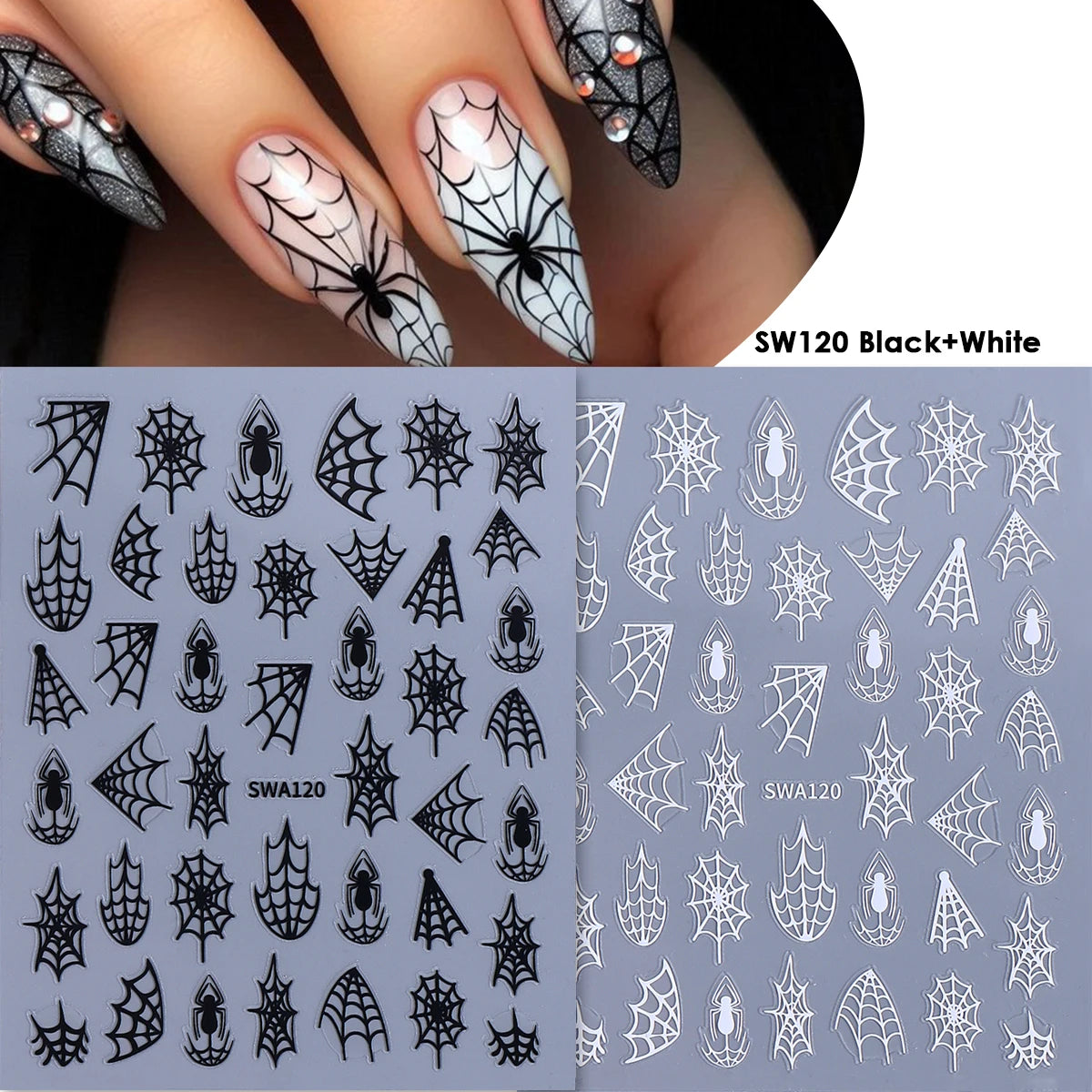 Y2K Spider Web Nail Art Stickers – Halloween Black Gold Silver Nail Art Stickers PLUSH SW120 Black White