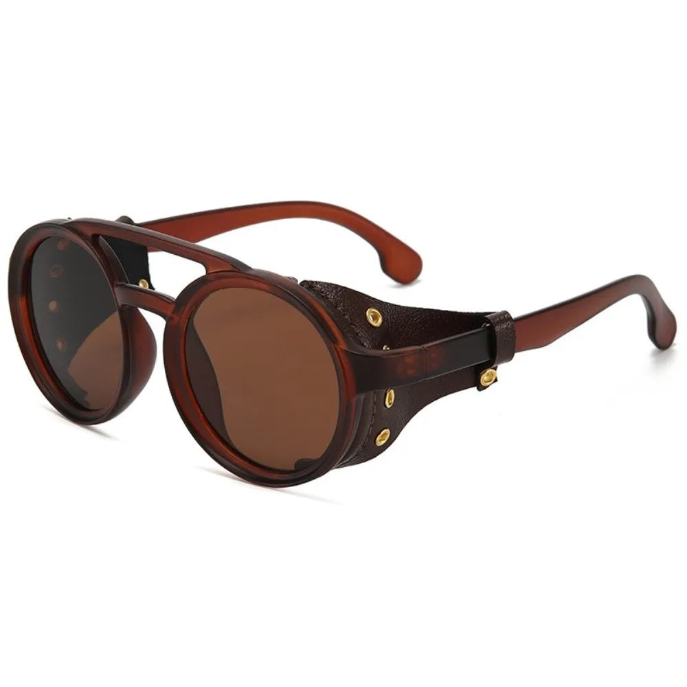 Retro Round Steampunk Sunglasses | Leather Side Shields Steampunk Sunglasses PLUSH Style A