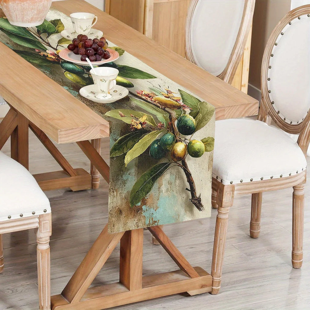 Retro Olive Branch Table Runner | Oil Painting Style Décor Decorative Table Runner PLUSH