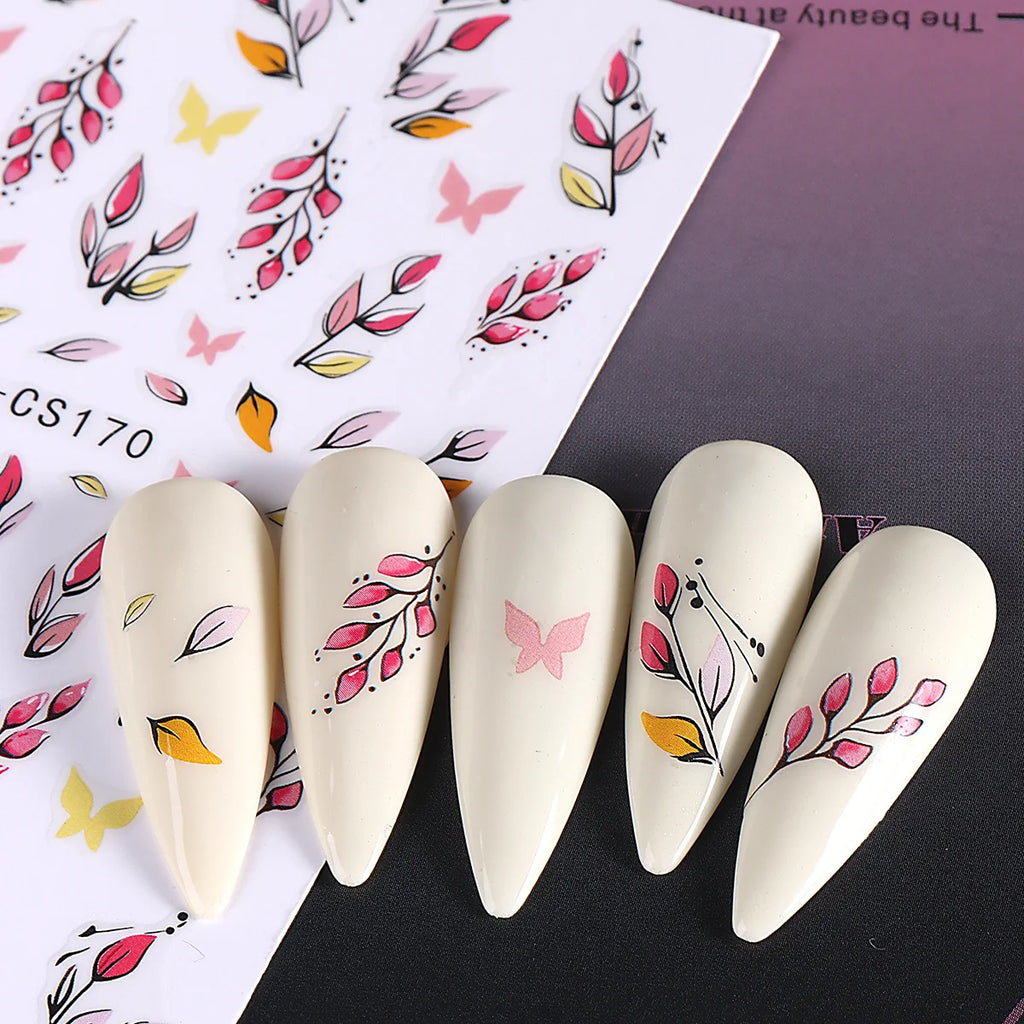 3D Autumn Leaf Nail Decals – 2 Sheets Watercolor Foliage Art Nail Art Decals PLUSH