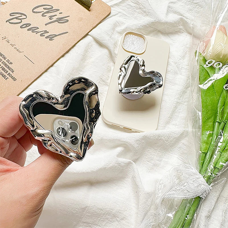 Silver Heart Mirror Phone Finger Holder & Stand | Luxe Style Phone Finger Stand PLUSH