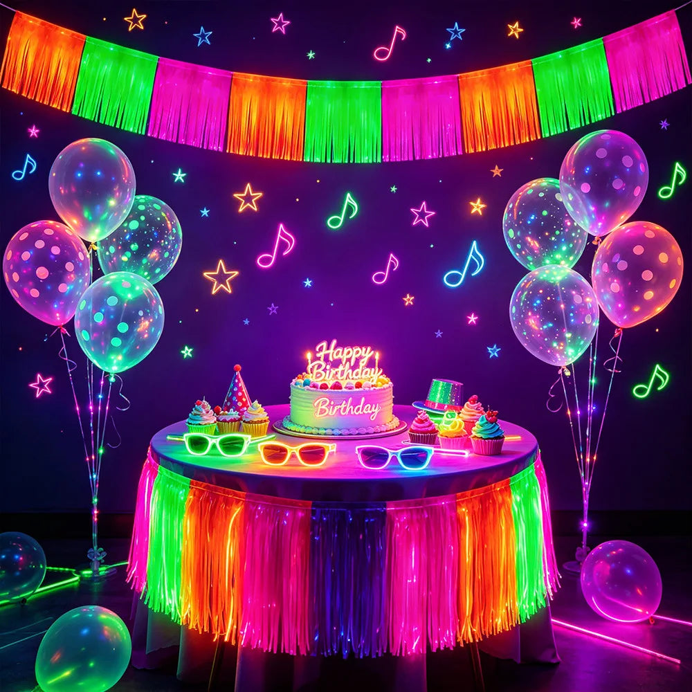 Neon Glow Party Rain Curtain & Tassel Bunting Decoration Set Party Decoration Set PLUSH