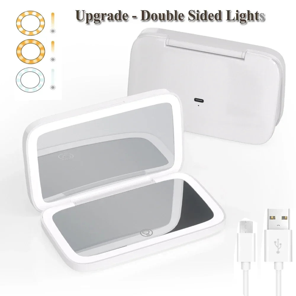 LED Compact Makeup Mirror 1x/5x Magnification Rechargeable Lighted Makeup Mirror PLUSH Double Lamp White