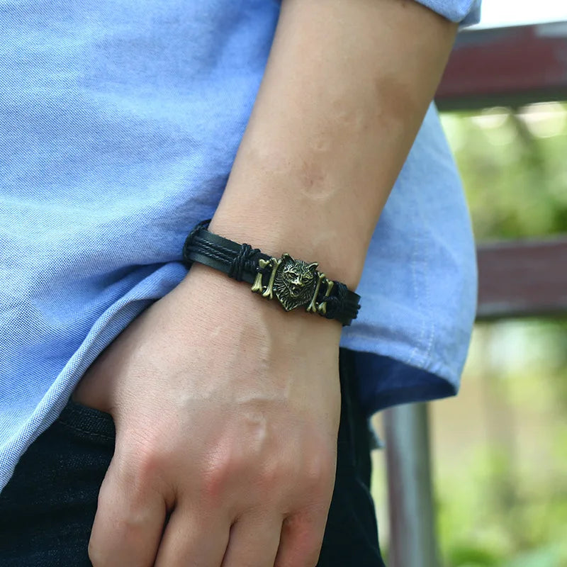Viking Wolf Head Braided Leather Bracelet – Adjustable Unisex Charm Bracelet PLUSH
