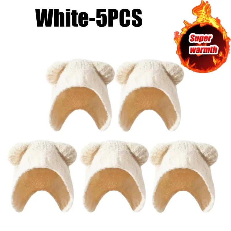 Women's Bear Ear Fleece Lined Knit Beanie – Korean Winter Hat Winter Knit Beanie PLUSH White-5PCS