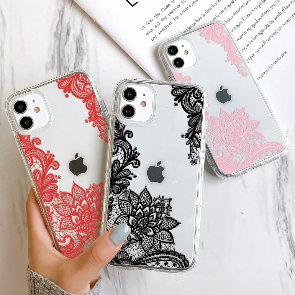Lace Flower Transparent iPhone Case – Shockproof Floral Cover Phone Case PLUSH