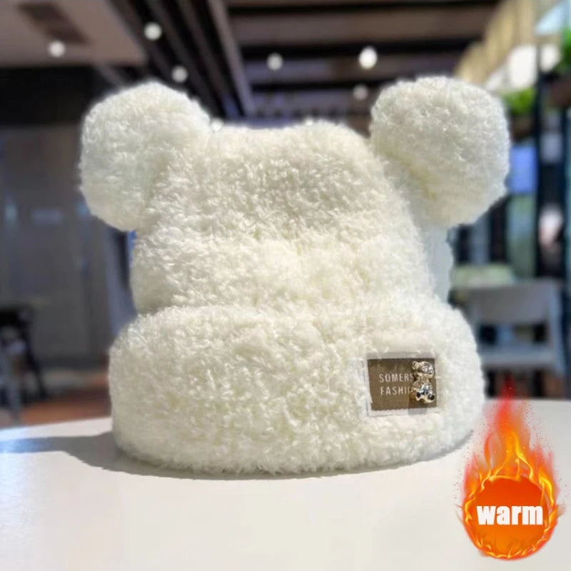 Women's Bear Ear Knitted Beanie – Plush Lined Slouchy Winter Hat Knitted Winter Beanie PLUSH White 4PCS