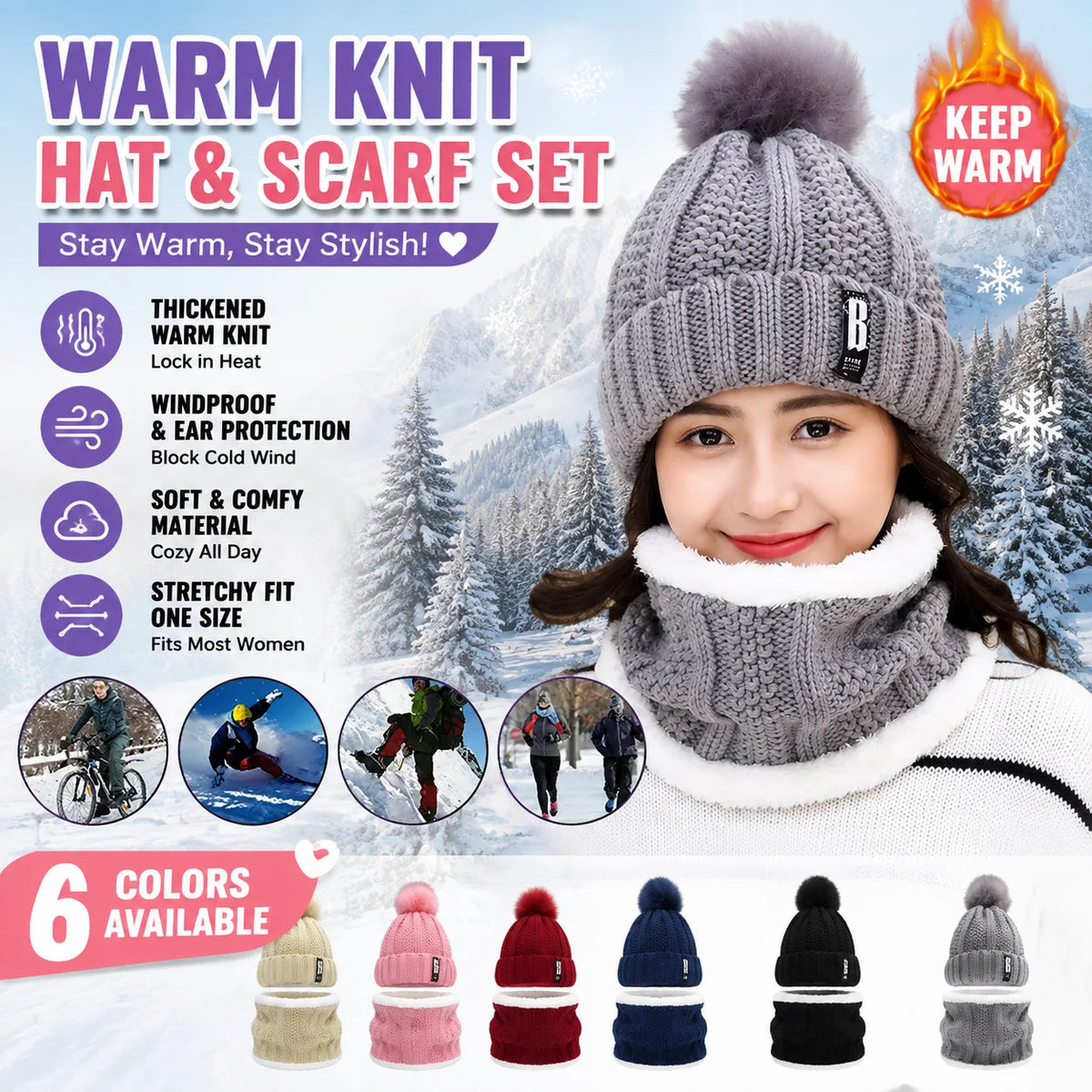 Women's Winter Knit Hat & Scarf Set – Padded Ear Protection Winter Hat Scarf Set PLUSH