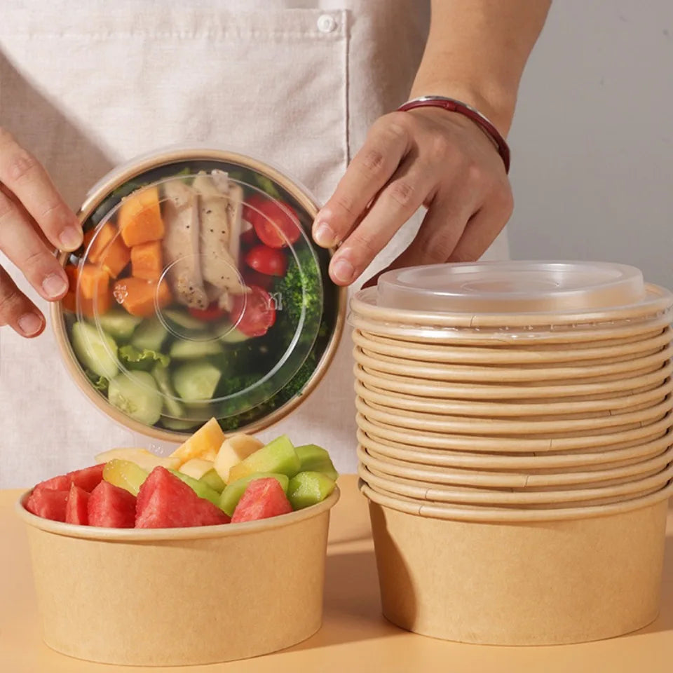 Disposable Kraft Paper Bowls with Lids 10/20PCS | Food Containers Disposable Food Bowls PLUSH
