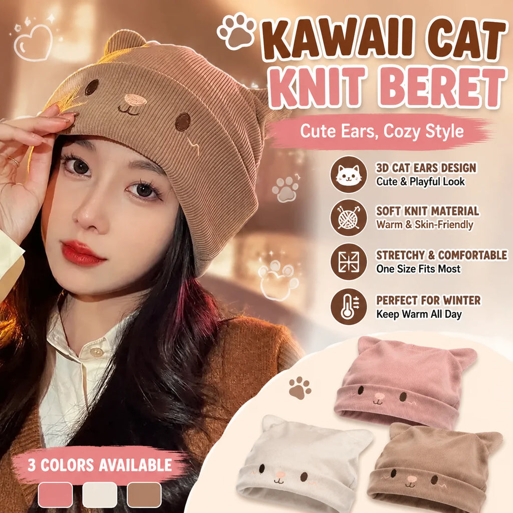 Kawaii Cat Ear Knit Beret – Oversized Stretchy Beanie for Women Knit Beret Hat PLUSH