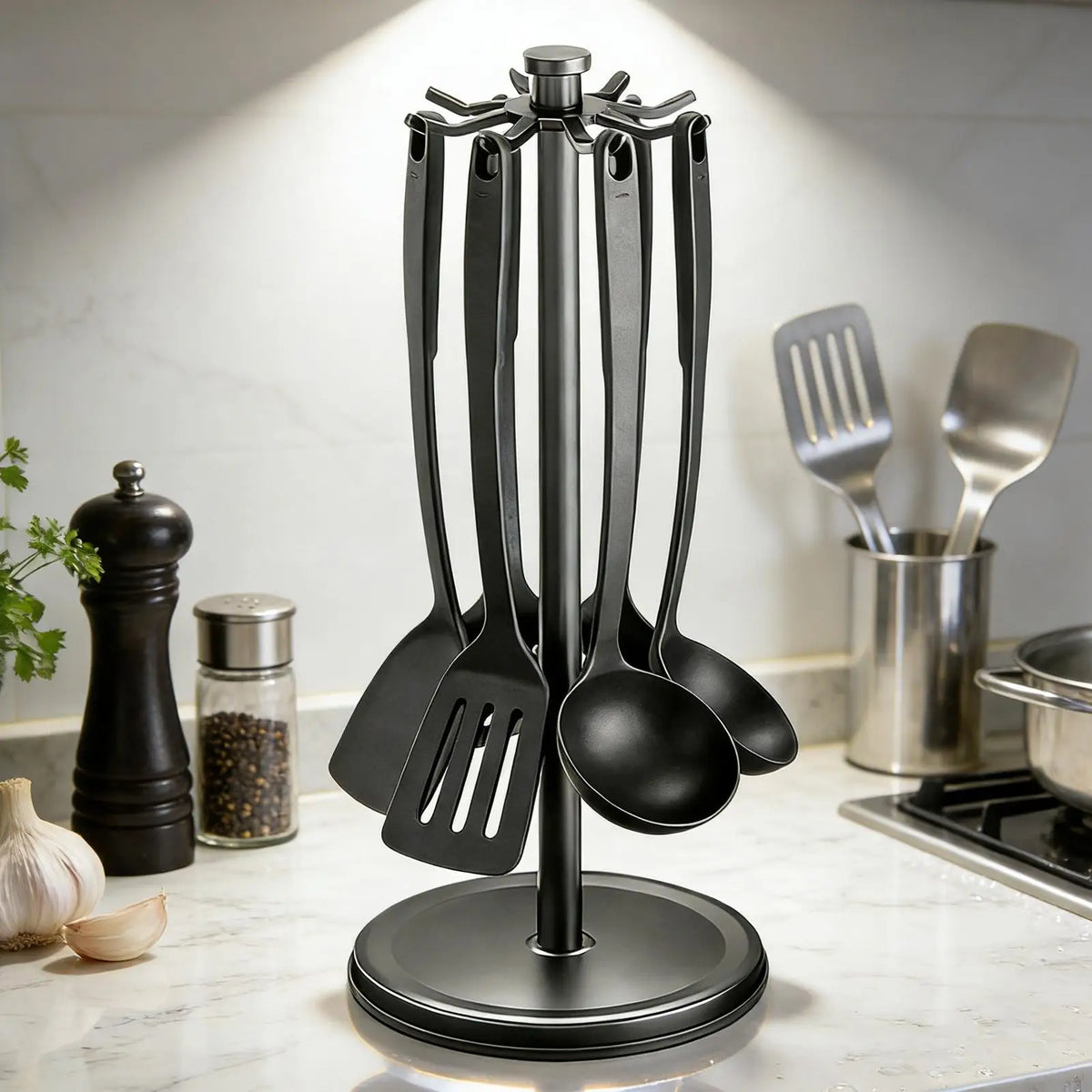 Rotating Kitchen Utensil Holder Rack – 8 Hooks Organizer Kitchen Utensil Rack PLUSH