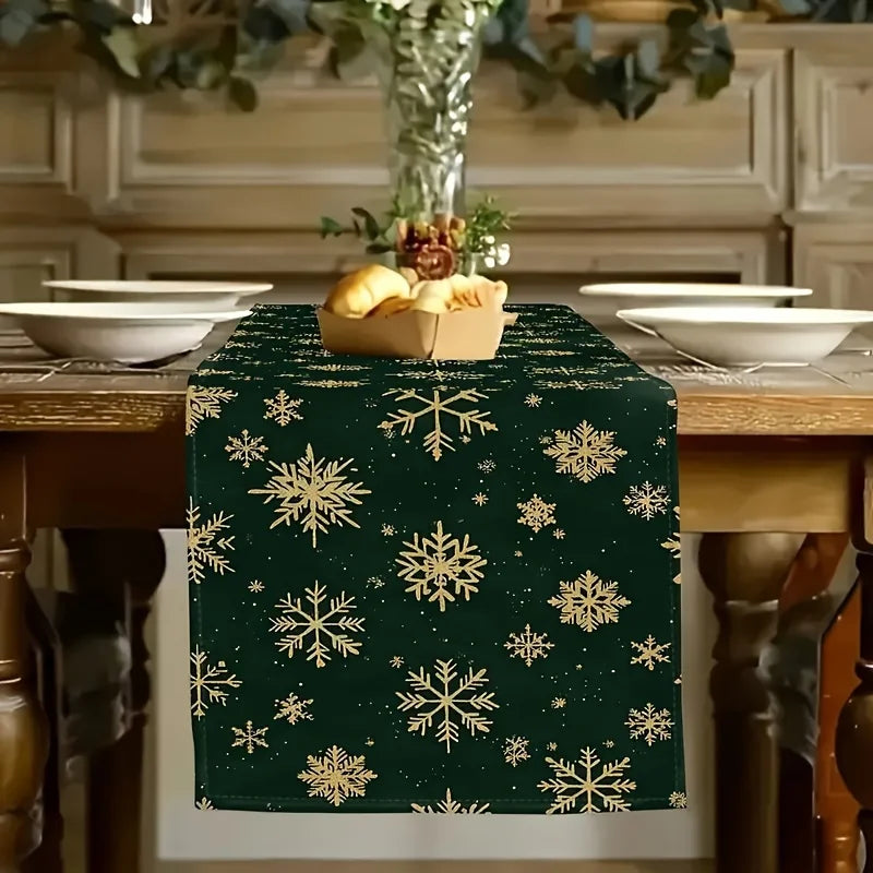 Dark Green Gold Snowflake Christmas Table Runner – 3 Sizes Christmas Table Runner PLUSH