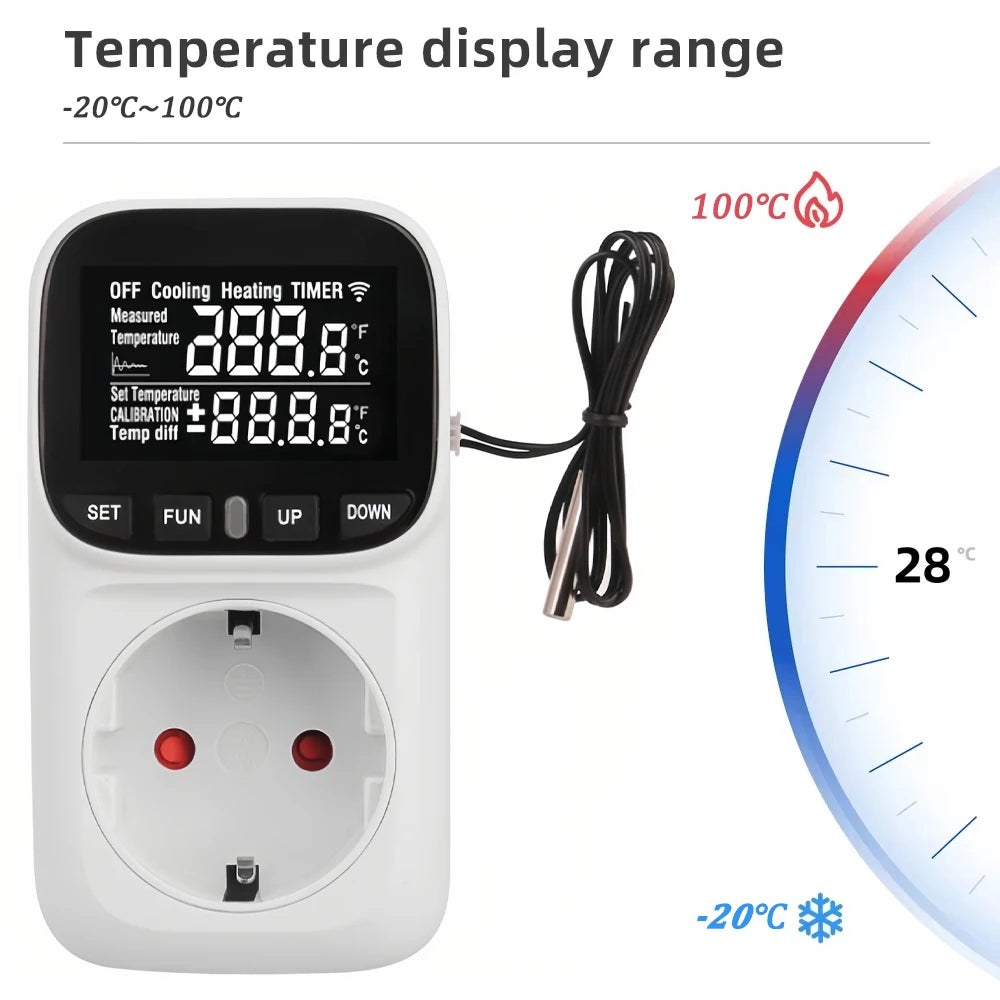 Digital Thermostat Socket EU Plug – Timer, Probe, Heating & Cooling Thermostat Controller Socket PLUSH