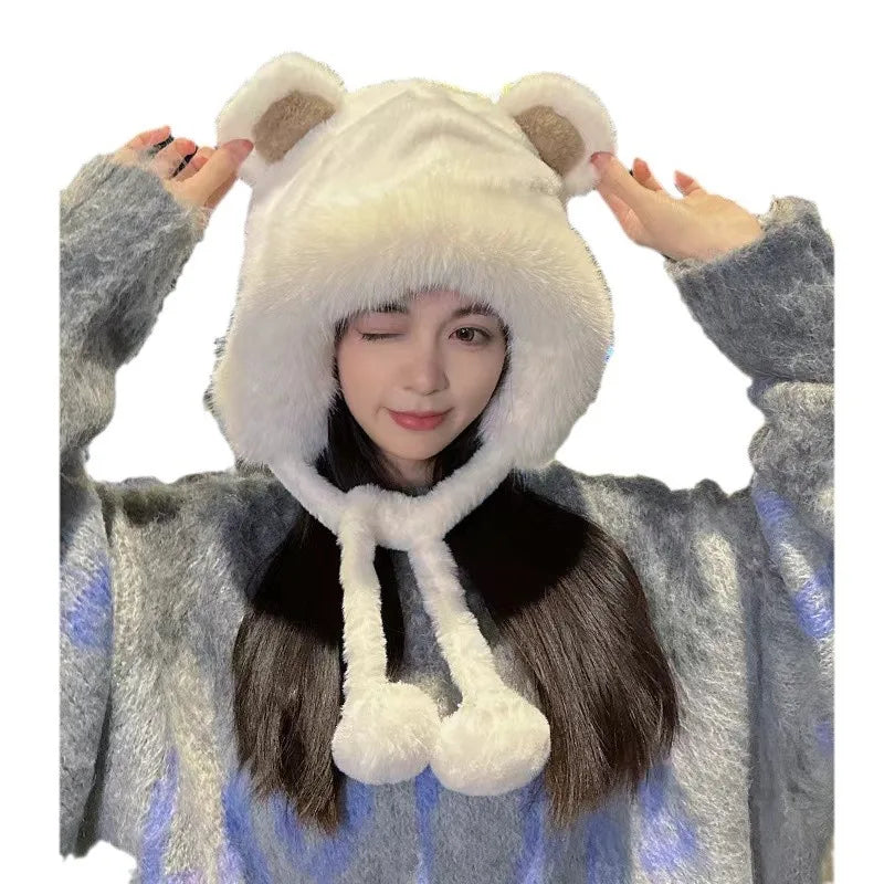 Bear Plush Knit Hat & Scarf Set – Windproof Winter Ear Cover Knit Hat Scarf Set PLUSH